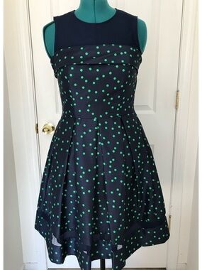 Just...Taylor Navy Sleeveless Midi Dress with Green Polka Dots